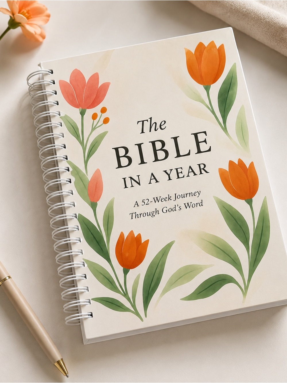 The Bible in a Year Spiral Journal - Orange Floral Cover